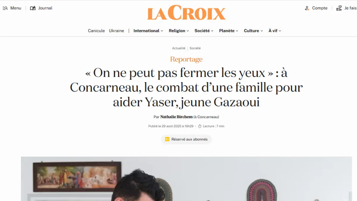 Capture de l’article de La Croix du 29 août 2025 consacré à Yaser et à la mobilisation à Concarneau