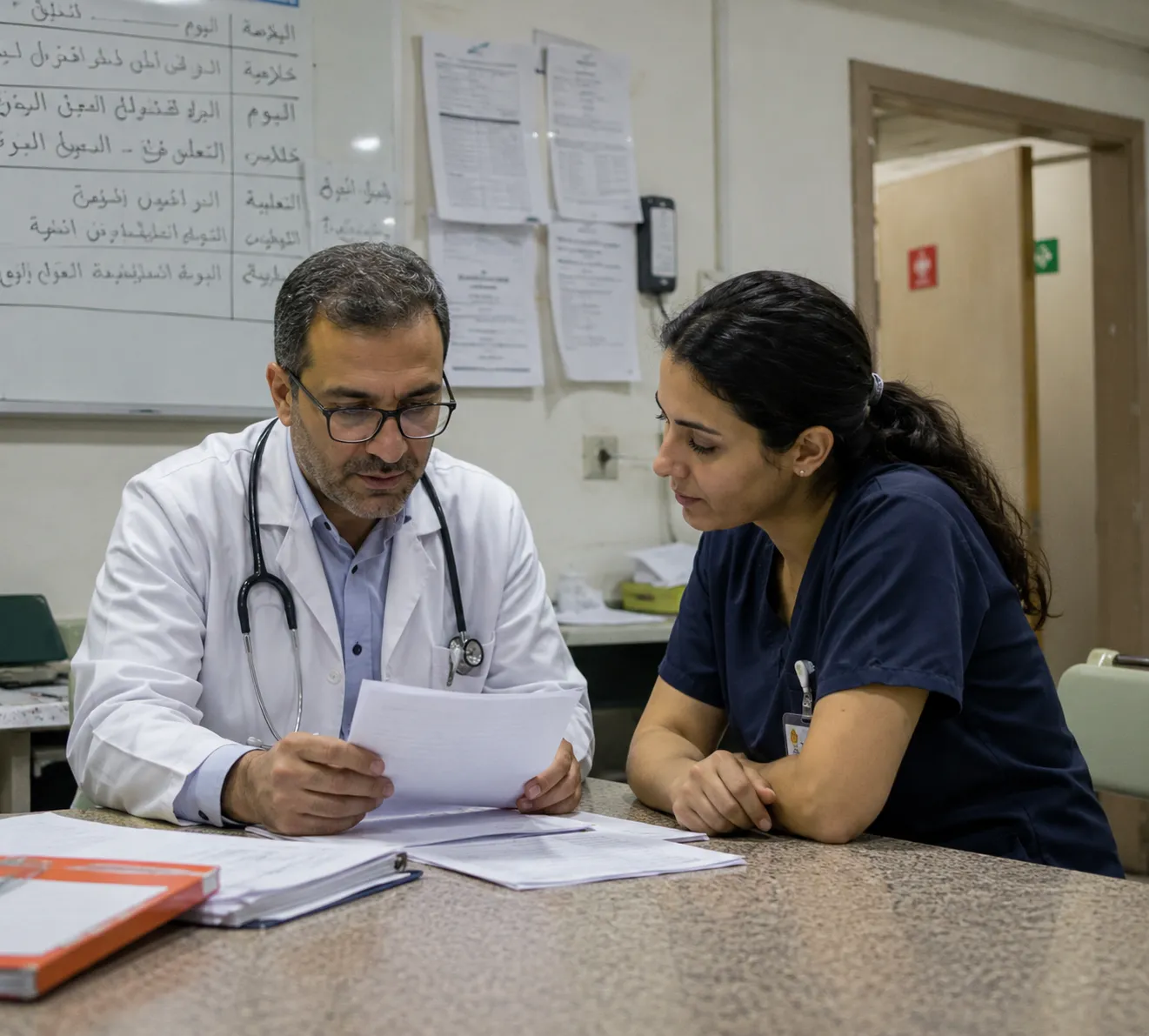 Médecin et soignante examinant ensemble un dossier médical