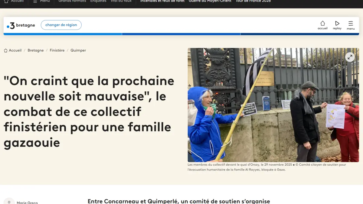 Aperçu de l’article de France 3 Bretagne du 7 décembre 2025 sur la mobilisation finistérienne pour la famille Al Rayyes