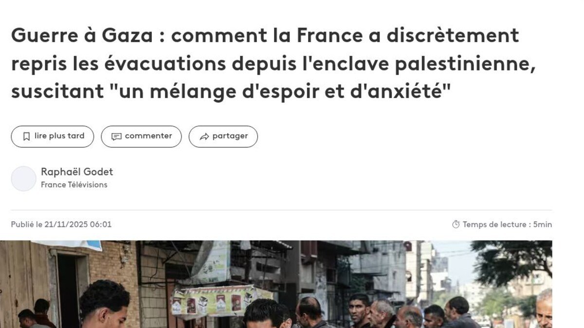 Capture de l’article Franceinfo sur la reprise des évacuations depuis Gaza