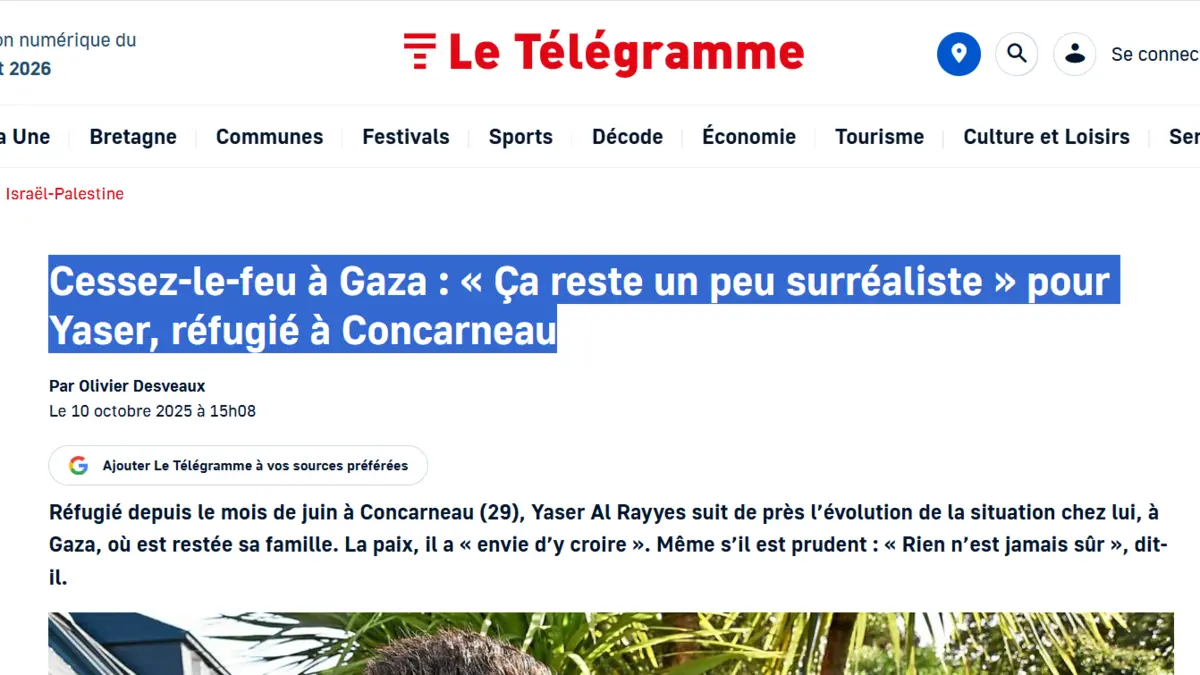Aperçu de l’article du Télégramme du 10 octobre 2025 sur la réaction prudente de Yaser à l’annonce du cessez-le-feu à Gaza