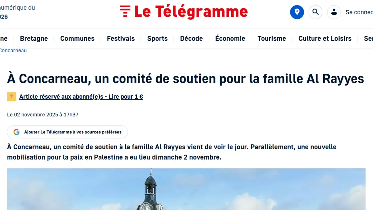 Aperçu de l’article du Télégramme du 2 novembre 2025 sur la création du comité de soutien pour la famille Al Rayyes à Concarneau