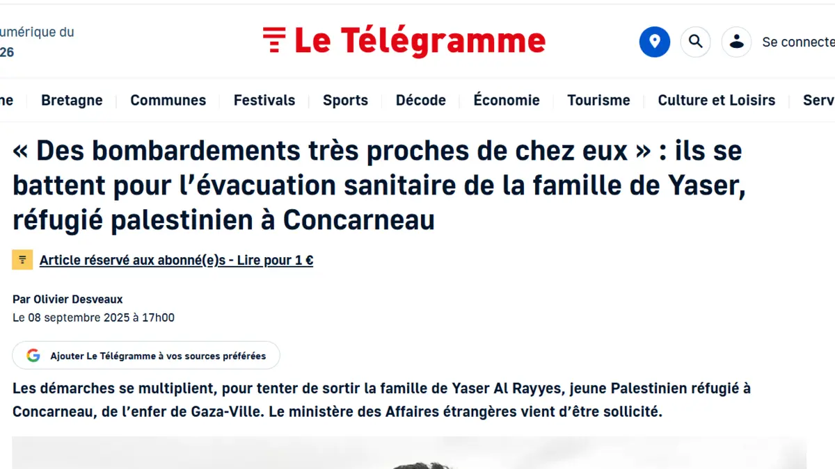 Aperçu de l’article du Télégramme du 8 septembre 2025 sur les démarches d’évacuation sanitaire de la famille Al Rayyes