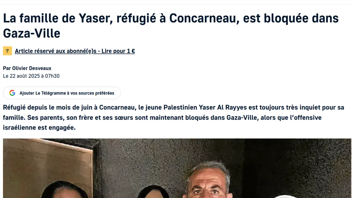 Aperçu de l’article du Télégramme sur la famille de Yaser bloquée dans Gaza-Ville