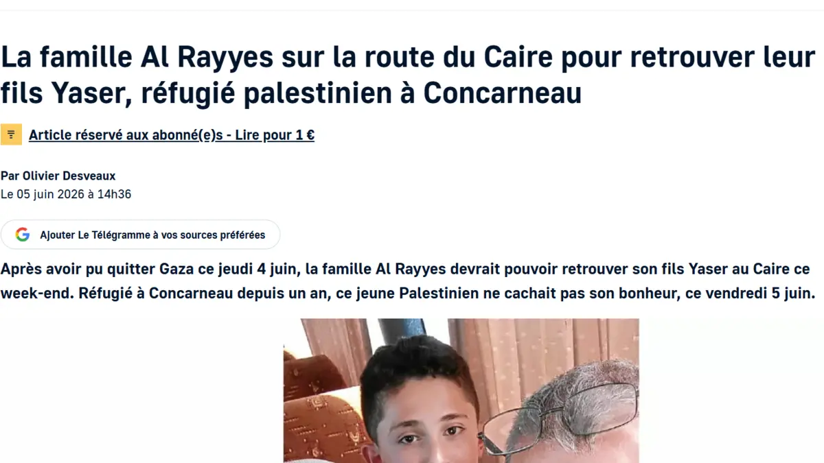 Capture de l’article du Télégramme sur l’évacuation de la famille Al Rayyes vers Le Caire