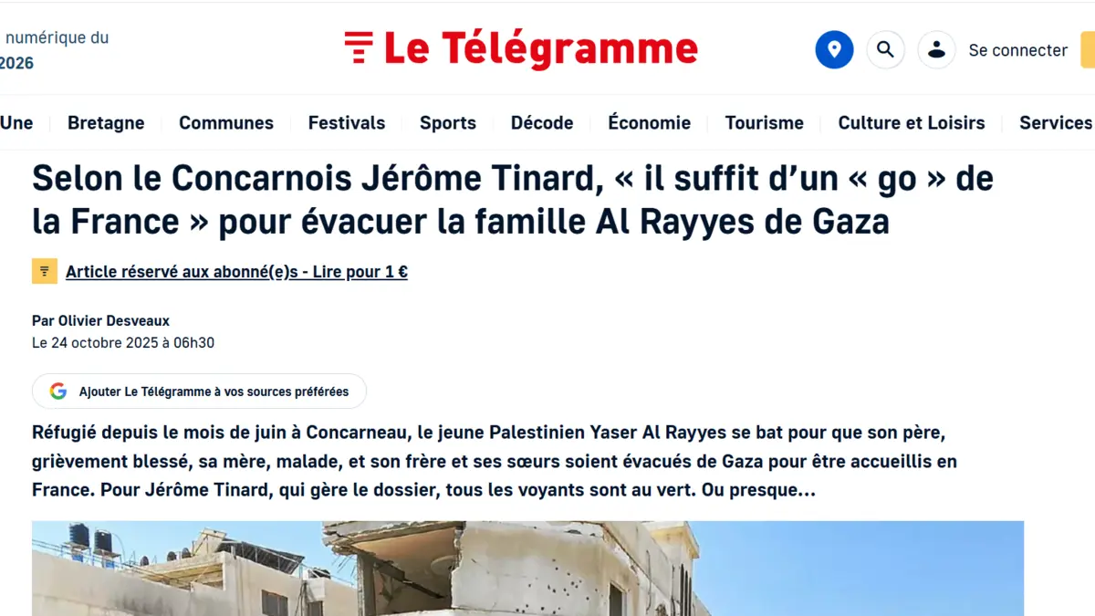 Capture de l’article du Télégramme du 24 octobre 2025 sur l’évacuation de la famille Al Rayyes