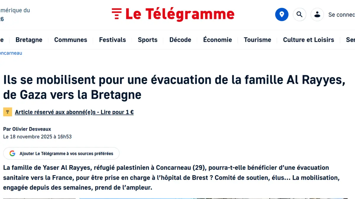 Capture de l’article du Télégramme du 18 novembre 2025 sur la mobilisation pour évacuer la famille Al Rayyes