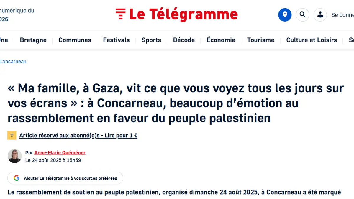 Aperçu de l’article du Télégramme du 24 août 2025 sur le rassemblement en soutien à Yaser et au peuple palestinien