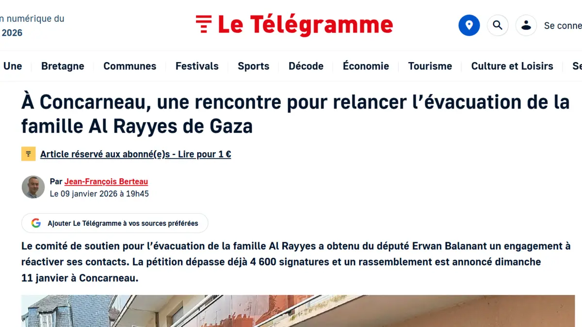 Capture de l’article du Télégramme du 9 janvier 2026 sur la relance de l’évacuation de la famille Al Rayyes