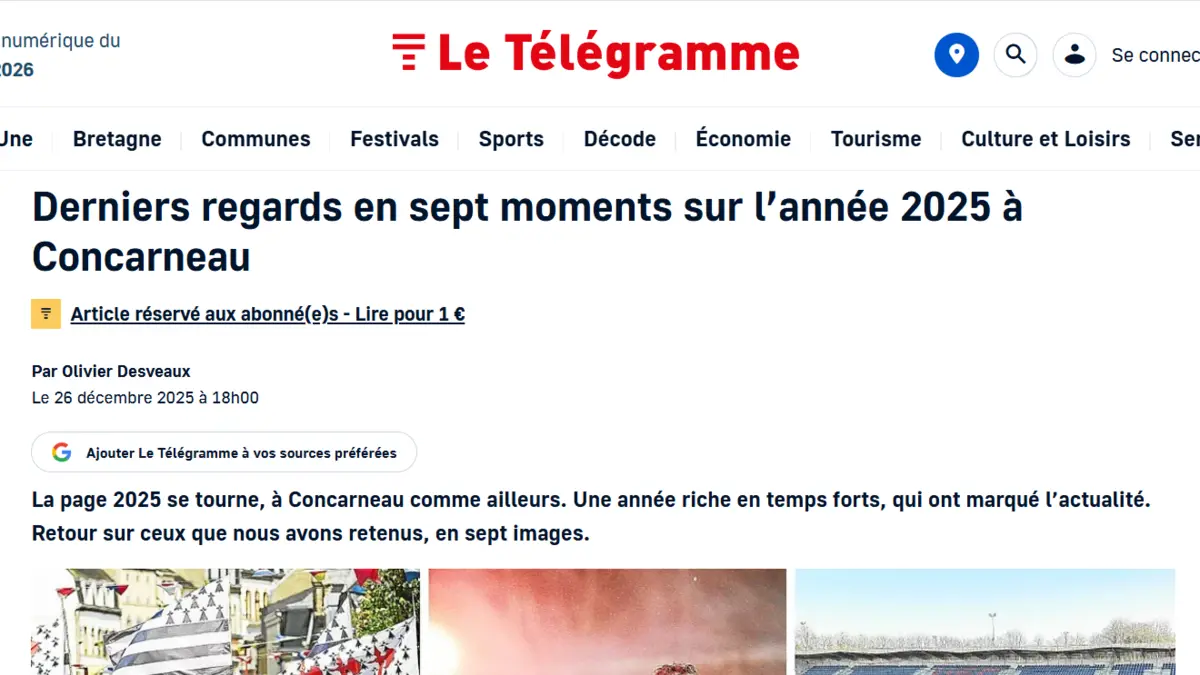 Aperçu de la rétrospective du Télégramme du 26 décembre 2025 citant Yaser parmi sept moments marquants à Concarneau